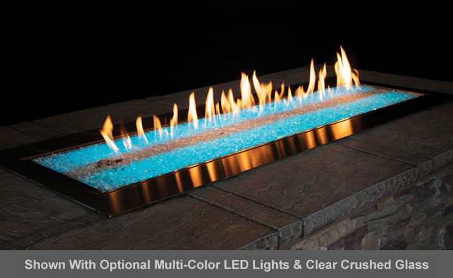 Rose Outdoor Linear Fire Pit, Blue Glass Gas Fire Pit