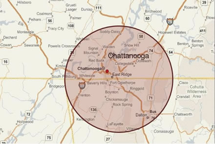 Fine's Gas Service Area Map for Gas Log Cleaning Services | Chattanooga and Northwest Georgia